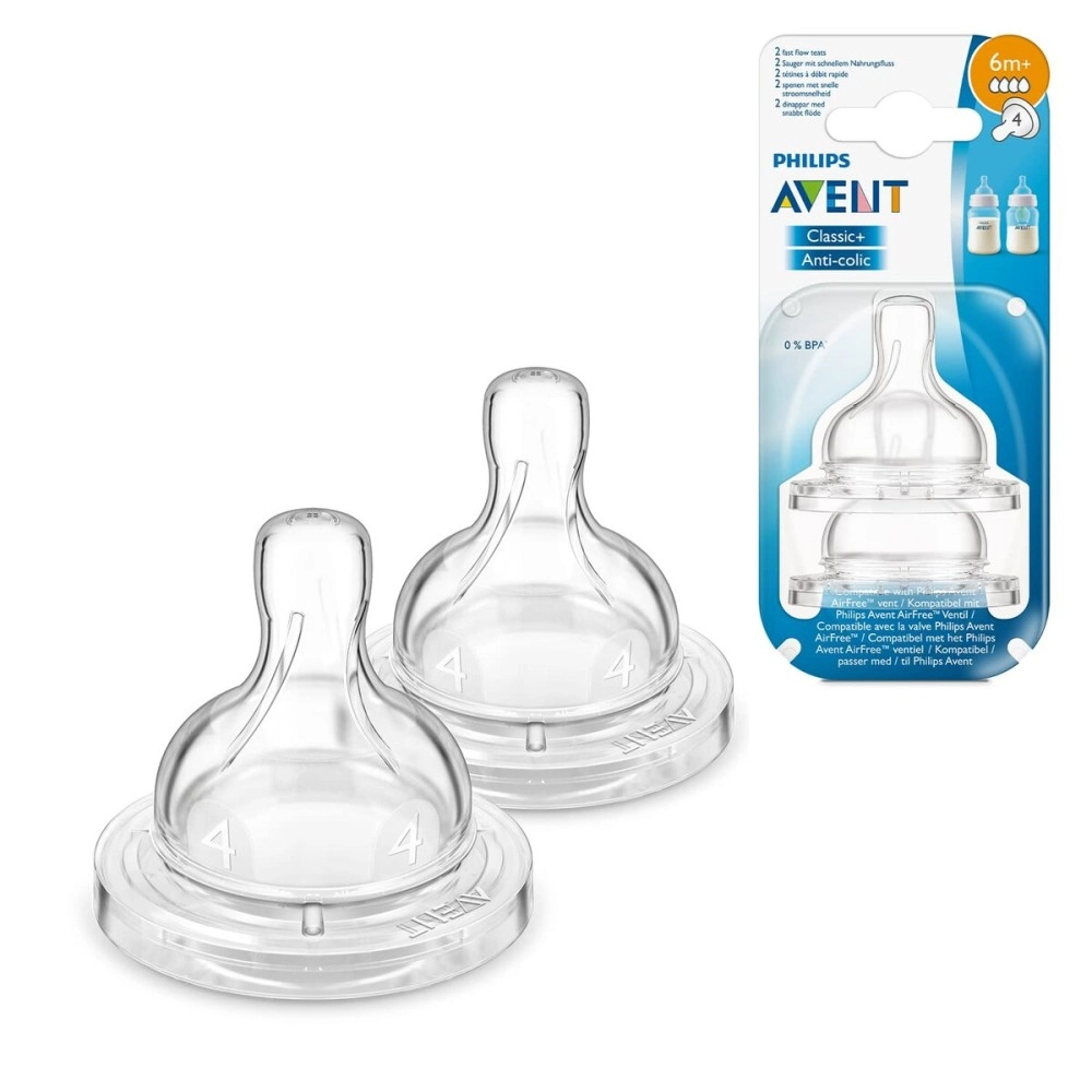 AVENT Philips Classic Teat Fast Flow Nipple - 4 Holes/6Months+ (Pack Of 2)