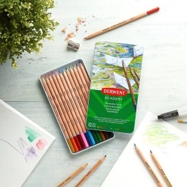 Derwent Academy Watercolour Pencils, Set of 12 in Tin, Blendable Multicolour Artists Pencils, Ideal for Wet or Dry Colouring, Drawing & Illustration, Premium Hobbyist Quality, 2301941