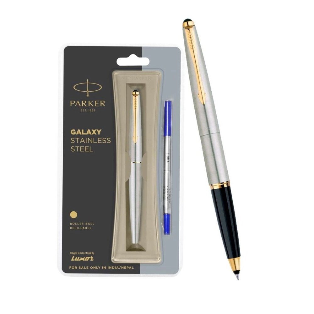 Parker Galaxy Stainless Steel Gold Trim Roller Ball Pen