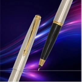 Parker Galaxy Stainless Steel Gold Trim Roller Ball Pen