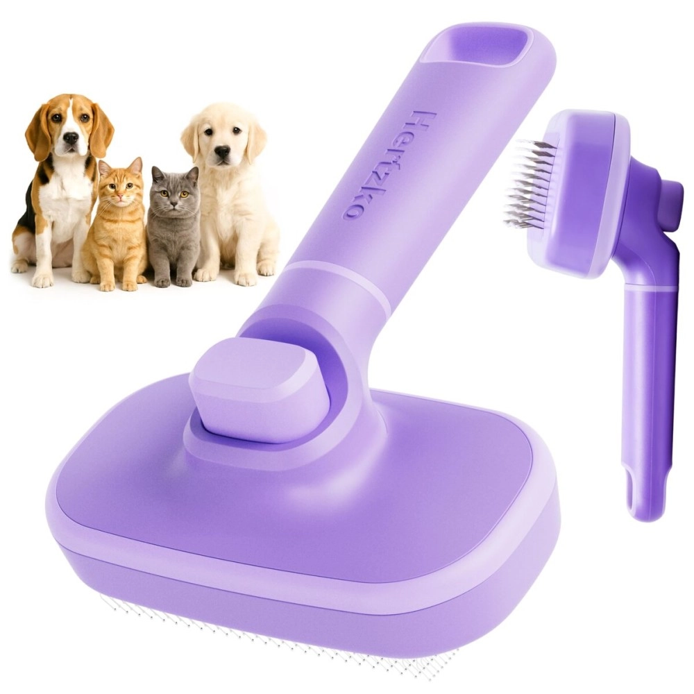 Hertzko Self-Cleaning Dog & Cat Slicker Brush for Pets with Long Or Short Hair, Dog Brush for Shedding Short Hair, Cat & Dog Grooming Brush, Cat Comb, Dog Comb, Deshedding Dog Brush - Purple