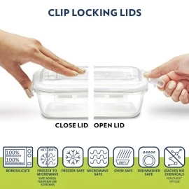 Borosil Adult Lunch Box 2 Pcs Set - 11 Oz Glass Lunch Containers with Soft Insulated Lunch Bag, 100% Leakproof Locking Lids, BPA Free, Microwavable & Dishwasher Safe, Lunch Box For Women, Men & Kids