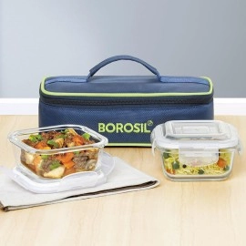 Borosil Adult Lunch Box 2 Pcs Set - 11 Oz Glass Lunch Containers with Soft Insulated Lunch Bag, 100% Leakproof Locking Lids, BPA Free, Microwavable & Dishwasher Safe, Lunch Box For Women, Men & Kids