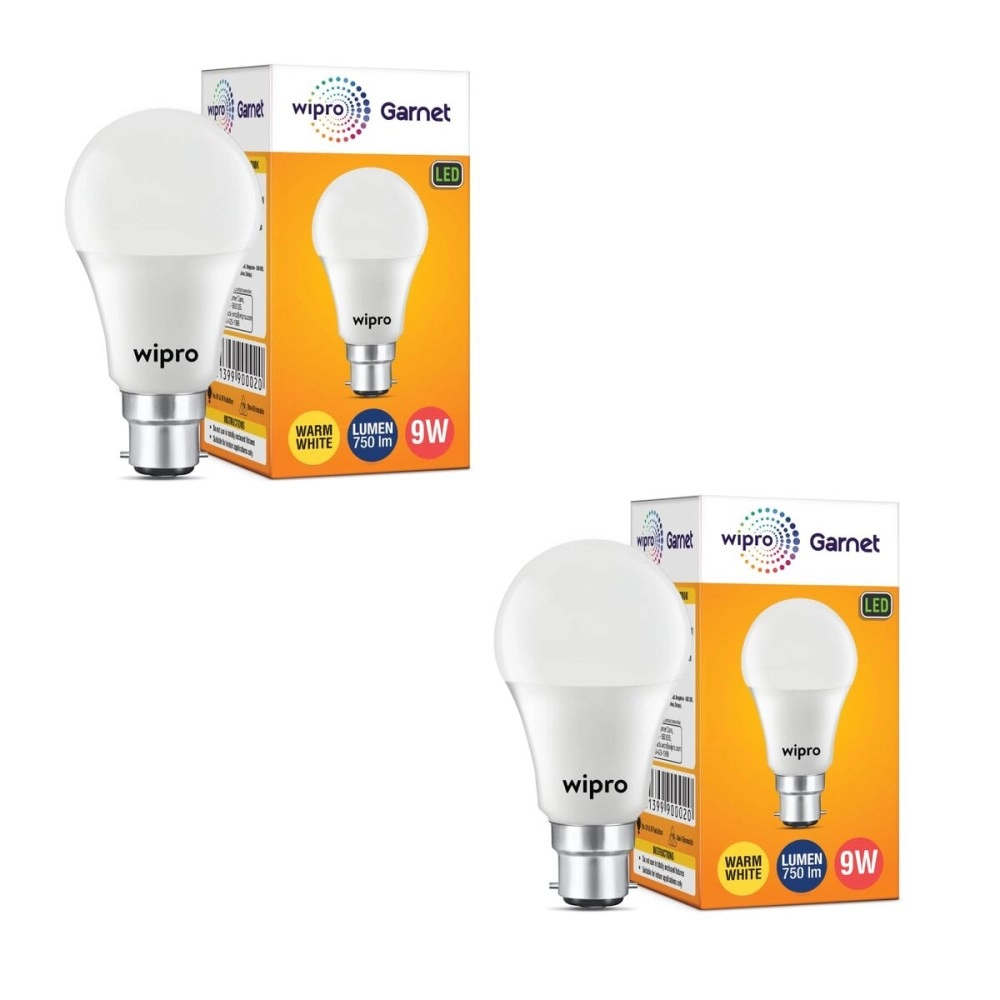 Wipro Garnet N90002 Base B22 9-Watt LED Bulb (Pack of 2, Warm White and Golden Yellow)