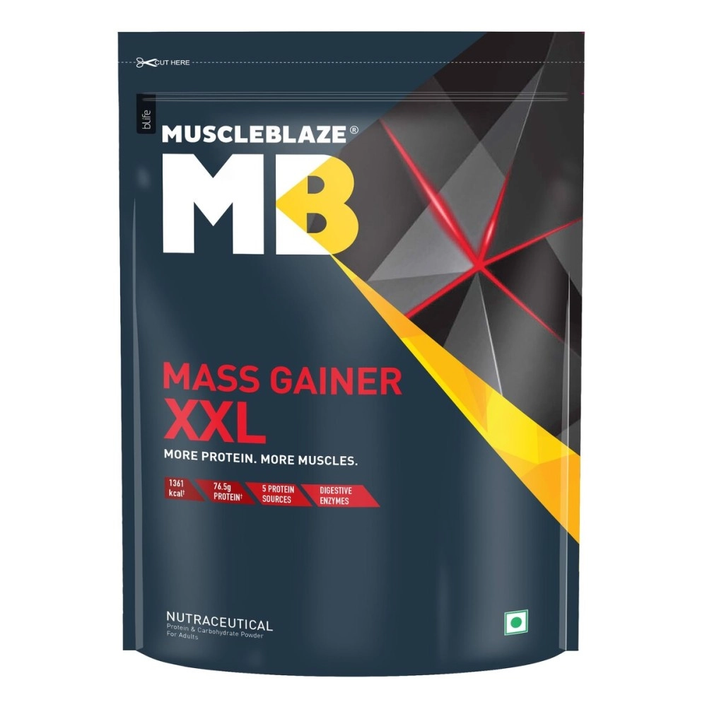 MuscleBlaze Mass Gainer XXL (Chocolate, 1kg / 2.2lbs, 10 Servings) | With Complex Carbs, High Protein & Digestive Enzymes, Powder