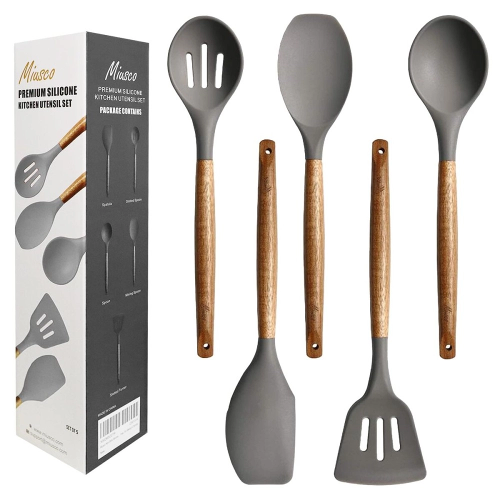 Miusco Non-Stick Cooking Utensils, Silicone Kitchen Utensils Set with Natural Acacia Hard Wood Handle, 5 Piece, Grey, BPA Free, Baking & Serving Wooden Cooking Spoon