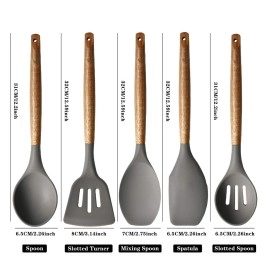 Miusco Non-Stick Cooking Utensils, Silicone Kitchen Utensils Set with Natural Acacia Hard Wood Handle, 5 Piece, Grey, BPA Free, Baking & Serving Wooden Cooking Spoon