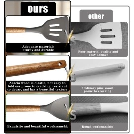 Miusco Non-Stick Cooking Utensils, Silicone Kitchen Utensils Set with Natural Acacia Hard Wood Handle, 5 Piece, Grey, BPA Free, Baking & Serving Wooden Cooking Spoon