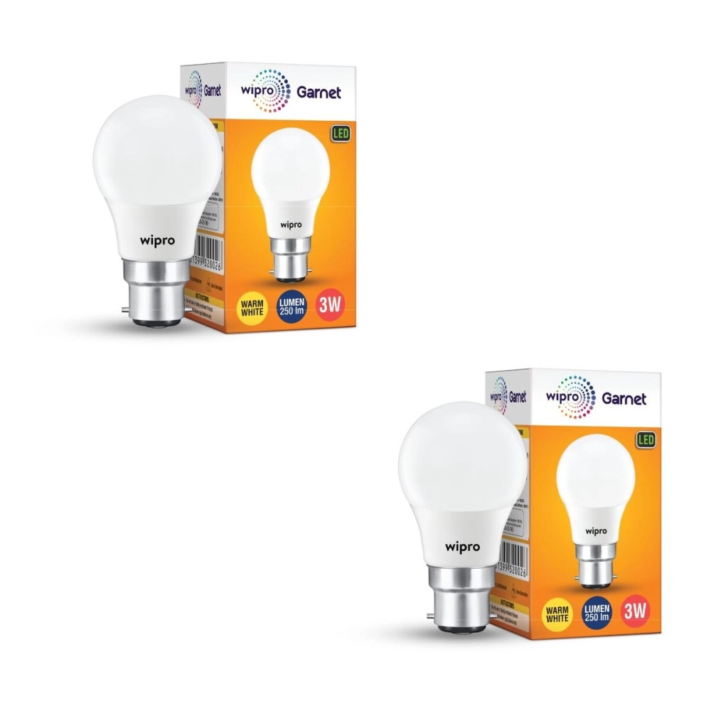 wipro Polycarbonate Garnet Base B22 3-Watt LED Bulb (Warm White) - Pack of 2