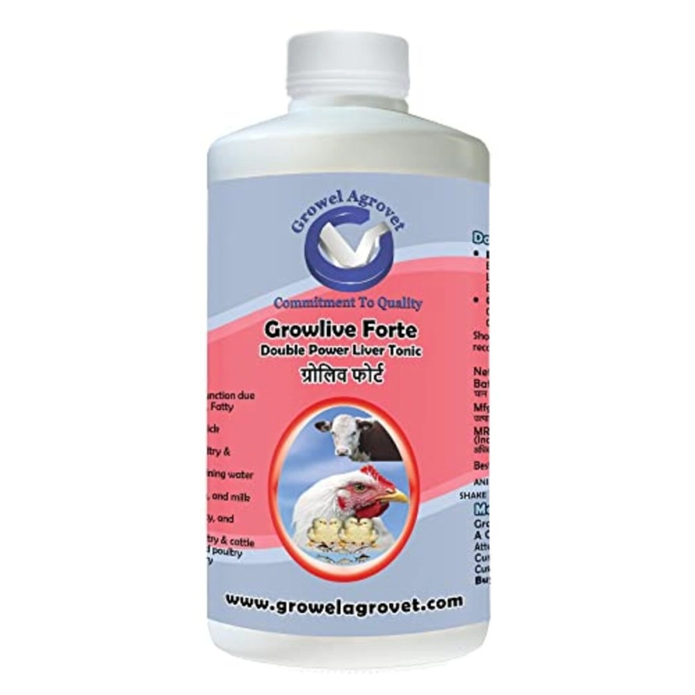 Growel Agrovet Growlive Forte - Liver Tonic for Digestion, Appetite, Better FCR, Growth and Feed Intake of Poultry,Cattle,Horses,Pigs,Goats,Sheep, Pigeons and Birds - 500 ml.