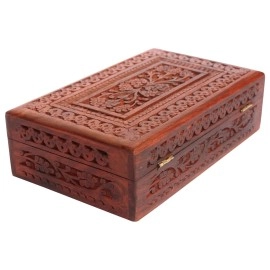 ITOS365 Handmade Wooden Keepsake Storage Case Jewelry Box Jewel Organizer - Floral Hand Carvings with Brass Inlay - Gifts for Women, 8 x 5 Inches, Standard, Wood