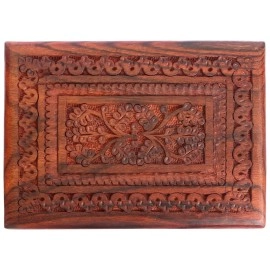 ITOS365 Handmade Wooden Keepsake Storage Case Jewelry Box Jewel Organizer - Floral Hand Carvings with Brass Inlay - Gifts for Women, 8 x 5 Inches, Standard, Wood