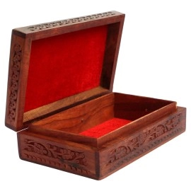 ITOS365 Handmade Wooden Keepsake Storage Case Jewelry Box Jewel Organizer - Floral Hand Carvings with Brass Inlay - Gifts for Women, 8 x 5 Inches, Standard, Wood