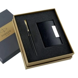 Parker Frontier Gold Trim Roller Ball Pen with Free Card Holder (Matte Black), 2 Piece Set