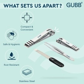GUBB USA Nail Care Kit Toe Nail, Finger Nail Cutter, Flat tip Tweezer/Plucker and Nail Filer