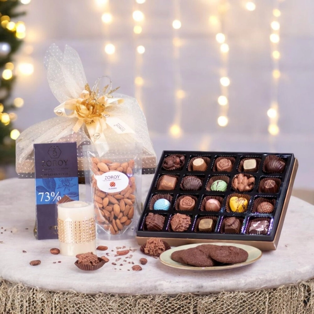 ZOROY LUXURY CHOCOLATE - Netted Large Gift Hamper with Chocolates Cookies Dry Fruits and Candle