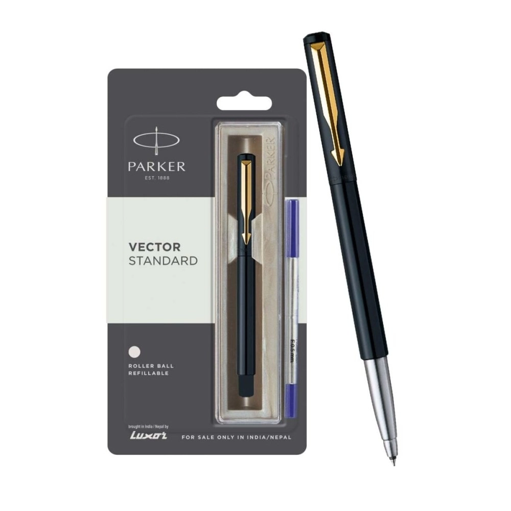 Parker Vector Standard Gold Trim Roller Ball Pen (Black), 1 Count (Pack of 1) (9000017252)