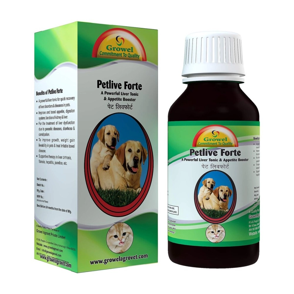 Growel Petlive Forte: A Powerful Liver Tonic for Digestion, Appetite, Growth and Food Intake for Dogs and Cats - 100 ml.