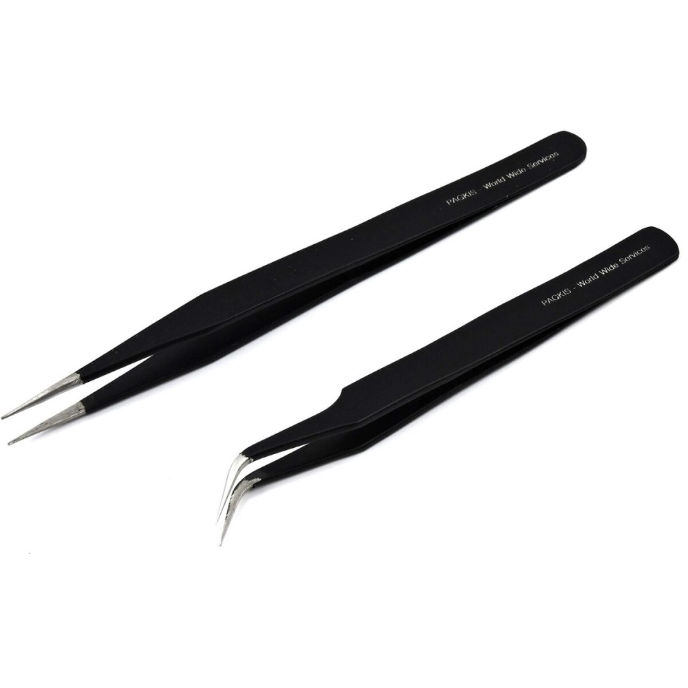 PagKis Set of 2 Black Coated Stainless Steel Tweezers - Straight & Curved