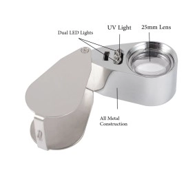 XYK (40x metal) - 40X Full Metal Illuminated Jewellery Loop Magnifier, Pocket Folding Magnifying Glass Jewellers Eye Loupe with LED and UV Light(LED Currency Detecting/Jewlers Identifying Type Lupe)