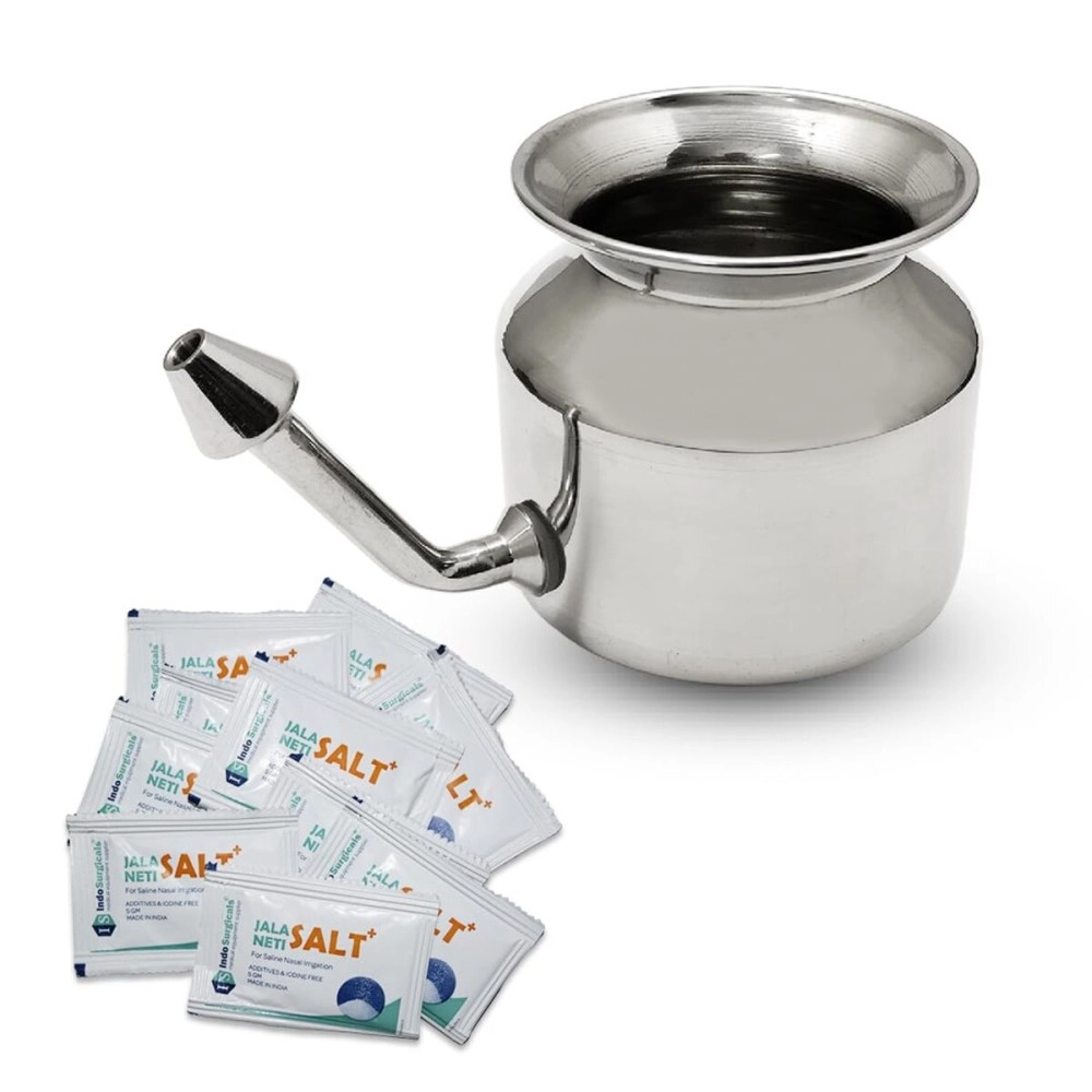 IS IndoSurgicals Stainless Steel Ayurvedic Jala Neti Pot for Sinus Congestion With 10 Sachet of Salt Plus