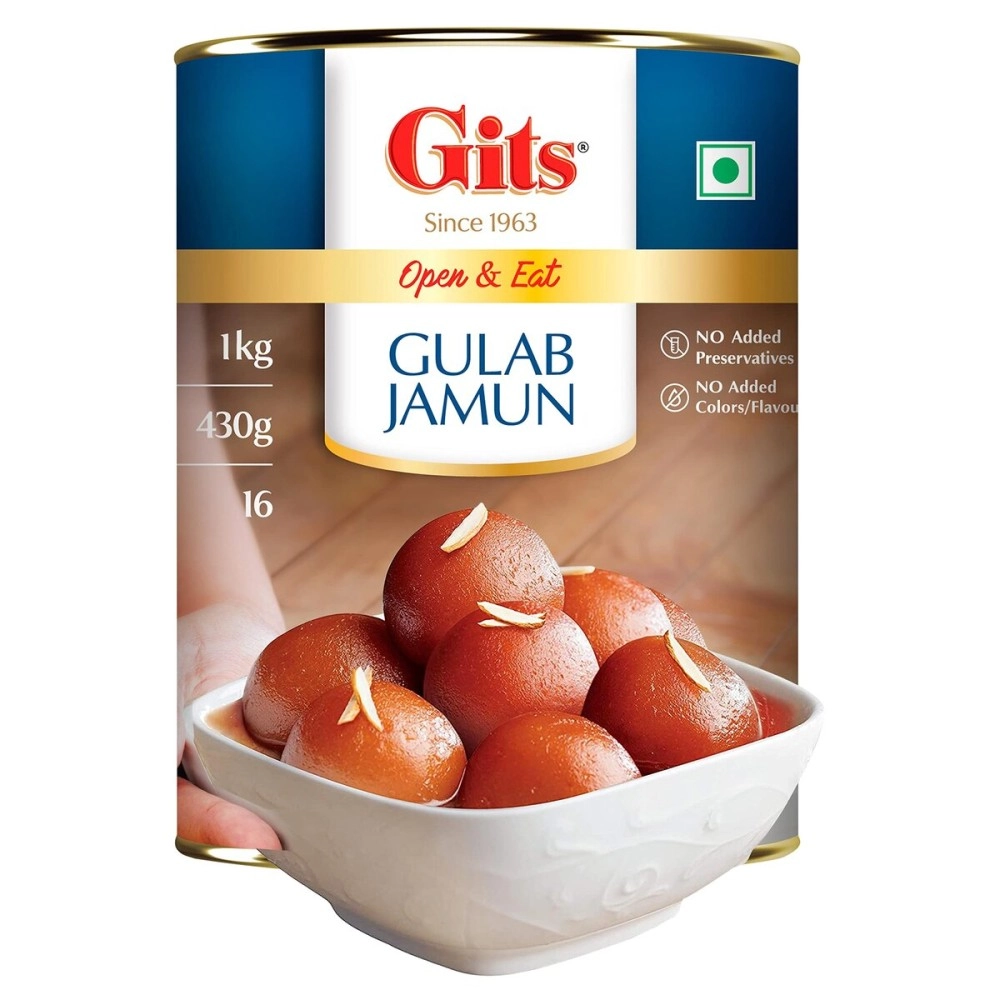 Gits Open & Eat Gulab Jamun Tin, 16 Pieces per Can, Mouth-Watering Indian Mithai, 1Kg