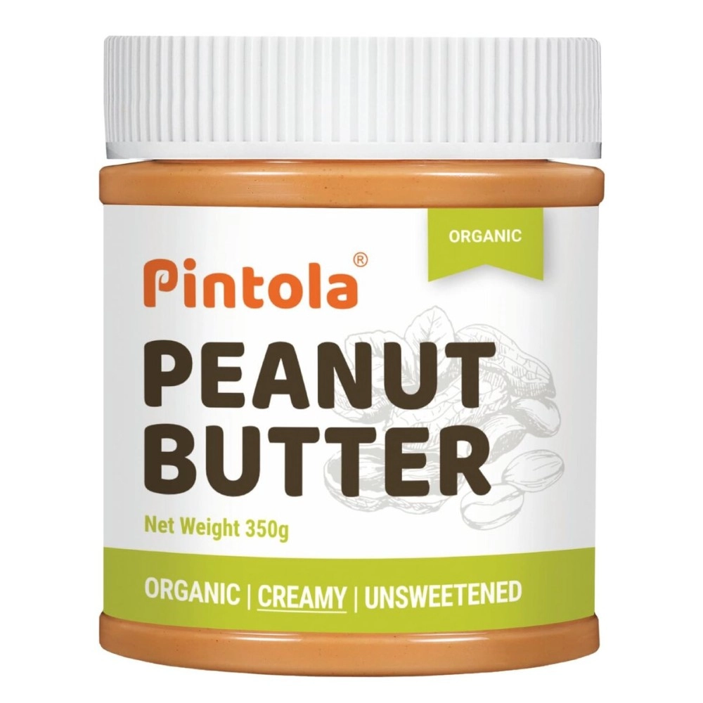 Pintola Organic Unsweetened Peanut Butter- Protein 30g & 9g Dietary Fiber, Made with Organic Peanuts, No Added Sugar (350g (pack of 1), Creamy)