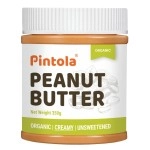 Pintola Organic Unsweetened Peanut Butter- Protein 30g & 9g Dietary Fiber, Made with Organic Peanuts, No Added Sugar (350g (pack of 1), Creamy)