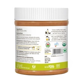 Pintola Organic Unsweetened Peanut Butter- Protein 30g & 9g Dietary Fiber, Made with Organic Peanuts, No Added Sugar (350g (pack of 1), Creamy)