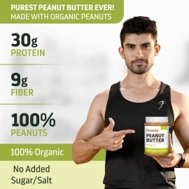 Pintola Organic Unsweetened Peanut Butter- Protein 30g & 9g Dietary Fiber, Made with Organic Peanuts, No Added Sugar (350g (pack of 1), Creamy)