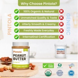 Pintola Organic Unsweetened Peanut Butter- Protein 30g & 9g Dietary Fiber, Made with Organic Peanuts, No Added Sugar (350g (pack of 1), Creamy)