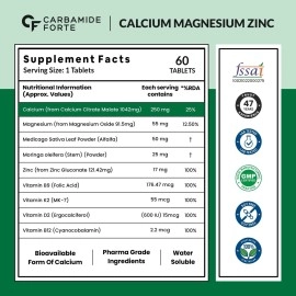 Carbamide Forte Calcium 1200mg with Magnesium,Zinc,Vitamin D, K2 & B12 | Calcium Tablets for Women & Men - 60 Veg Tablets