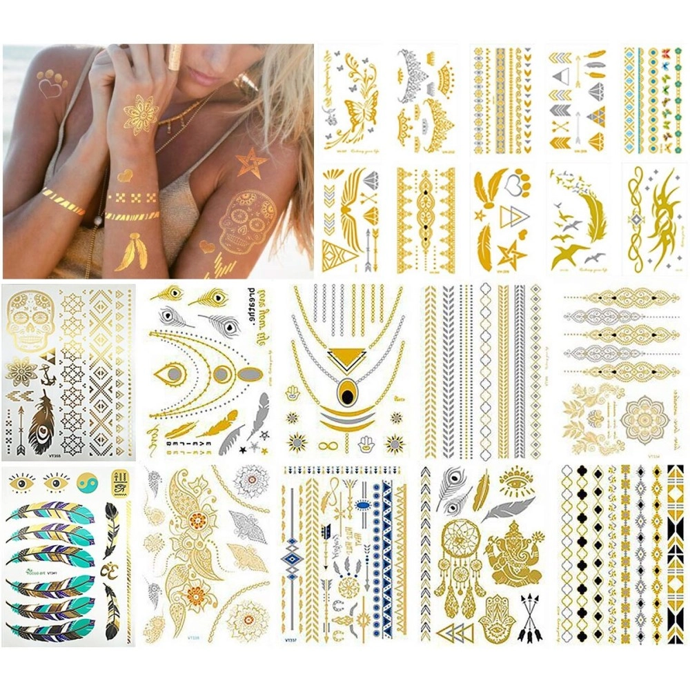 YHmall 24 Sheets Gold Temporary Tattoos for Women Girls, Over 300 Shimmer Waterproof Fake Tatoos Metallic Stickers in Bracelets Feathers Wrist Arm Bands