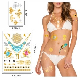 YHmall 24 Sheets Gold Temporary Tattoos for Women Girls, Over 300 Shimmer Waterproof Fake Tatoos Metallic Stickers in Bracelets Feathers Wrist Arm Bands