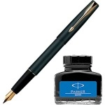 Parker Frontier Matte Black GT Fountain Pen + Quink Ink Bottle - Blue (30ML)