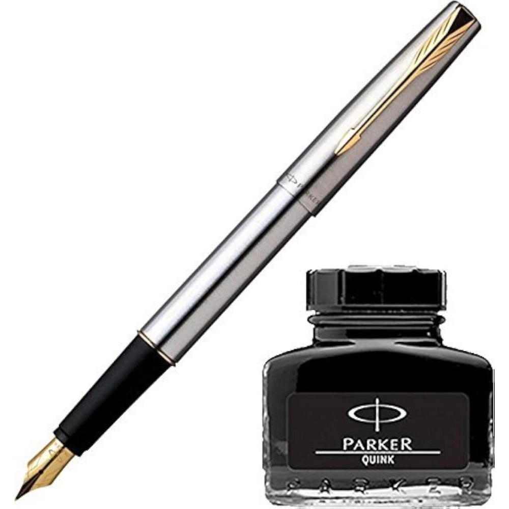 Parker Frontier Stainless Steel GT Fountain Pen + Quink Ink Bottle - Black (30ML)