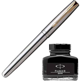 Parker Frontier Stainless Steel GT Fountain Pen + Quink Ink Bottle - Black (30ML)