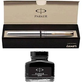 Parker Frontier Stainless Steel GT Fountain Pen + Quink Ink Bottle - Black (30ML)