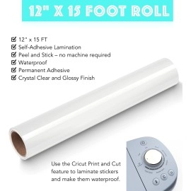 Clear Adhesive Vinyl Laminate 30.5 cm x 457.2 cm Self Seal Laminating Roll for Cricut, Decals, Stickers, Stencils, Tape, Sticky Back Permanent by Turner Moore Edition (Clear Roll, Glossy)
