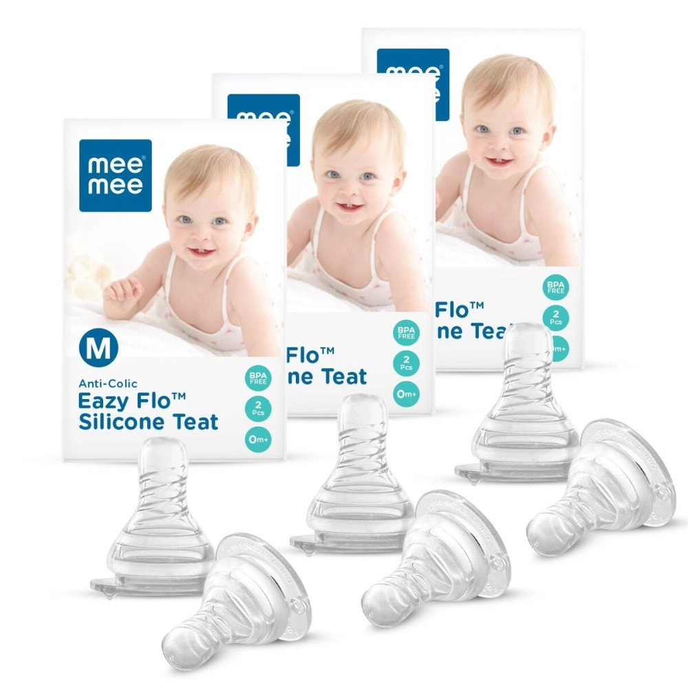 Mee Mee Anti-Colic Easy Flo Silicone Teat, White - Medium - 6 Pieces (Pack of 3)