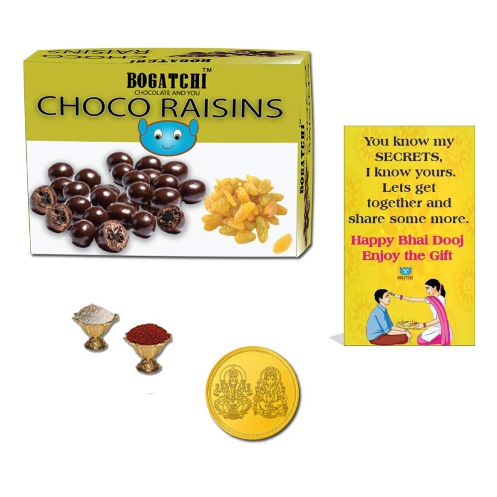 BOGATCHI Bhai Dooj Gifts, Chocolate Coated Raisins (100g)+ Free Roli Chawal and Greeting Card