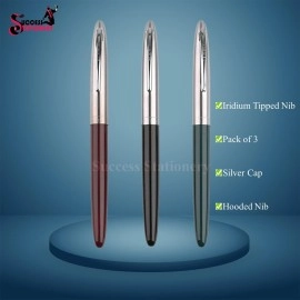 Success Stationery Fountain Pen for Students Original Hero Pen 329 Silver Cap Smooth Iridium Tip Nib Refillable Ink Pen Gold Arrow Pattern Black Green Maroon - Pack of 3