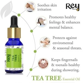 Rey Naturals Tea Tree Oil | Tea Tree Essential Oil for Hair, Skin and Face Care - 100% Pure Tea Tree Oil for Dandruff, Acne, Aromatherapy, Stress, and More - 15ml