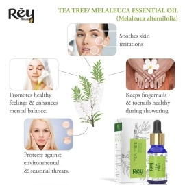 Rey Naturals Tea Tree Oil | Tea Tree Essential Oil for Hair, Skin and Face Care - 100% Pure Tea Tree Oil for Dandruff, Acne, Aromatherapy, Stress, and More - 15ml