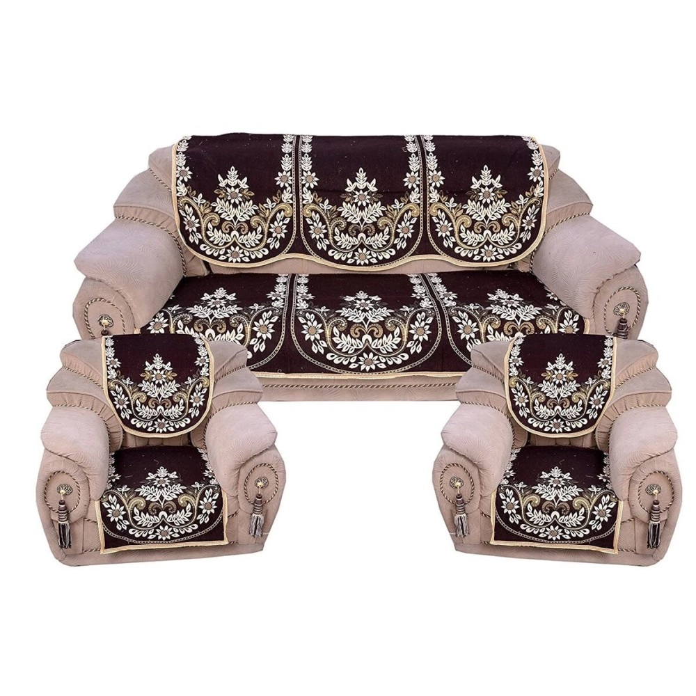 Elegant Homes Cotton Flowered 5 Seater Sofa Cover (Coffee, Brown, Standard)- Set of 6