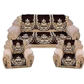 Elegant Homes Cotton Flowered 5 Seater Sofa Cover (Coffee, Brown, Standard)- Set of 6