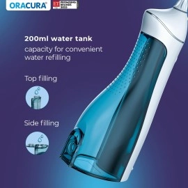 ORACURA OC200 LITE Smart PLUS Water Flosser - 200ml Water Tank - 2 Nozzle Tips - 8 Water Pressure Settings - 4 Operation Modes - IPX7 Waterproof - 365 Days Warranty - USB Rechargeable (White)