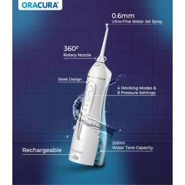ORACURA OC200 LITE Smart PLUS Water Flosser - 200ml Water Tank - 2 Nozzle Tips - 8 Water Pressure Settings - 4 Operation Modes - IPX7 Waterproof - 365 Days Warranty - USB Rechargeable (White)