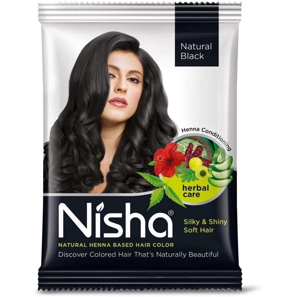 Nisha (Pack 10) Henna Based Hair Color Dye, Permanent Black Hair Color Dye, 100% Grey Coverage, Man and Women, Natural Black, 10 gm Each Pack