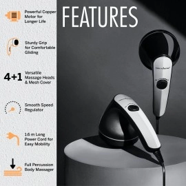 HealthSense Health Sense Toner-Pro HM210 Electric Handheld Percussion Body Massager with 4 Heads (Royal Grey) - Version May Vary